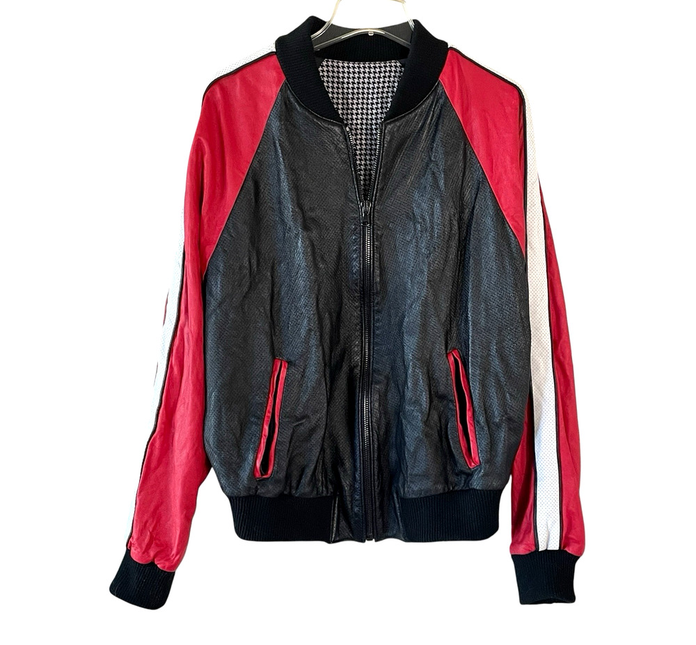 THRILLER-LIKE LEATHER JACKET Size Med/Large Red Black Zip Bomber Michael Jackson